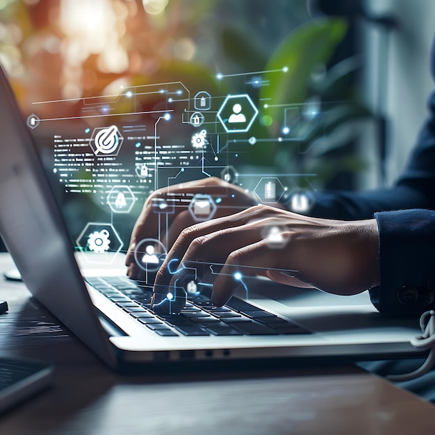 Biznesmen pracujący na laptopie w nowoczesnym biurze z podwójną ekspozycją kodu binarnego