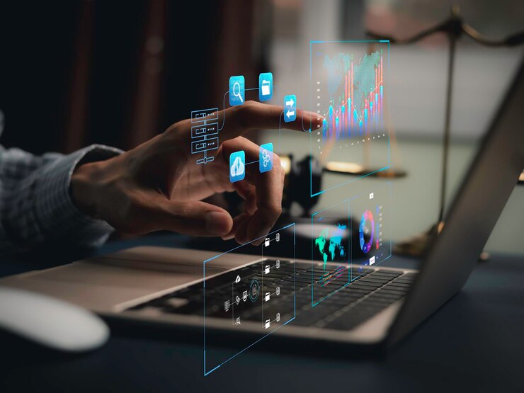 Zdjęcie biznesmen pracujący z biznesowym systemem analitycznym i zarządzania danymi na komputerze do zarządzania dokumentami online i metrykami połączonymi z bazą danych strategia korporacyjna w zakresie operacji finansowych salesx9
