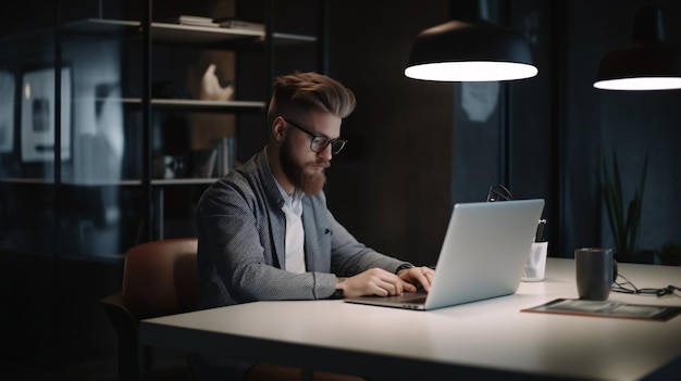 Biznesmen pracuje na laptopie przy stołowej generatywnej sztucznej inteligencji