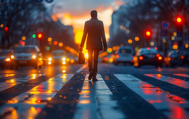 Biznesmen przechodzący przez ulicę o zachodzie słońca w mieście