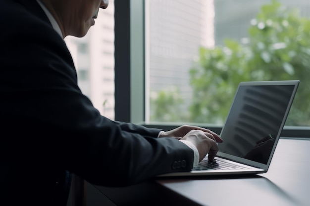 Biznesmen przy użyciu komputera przenośnego w biurze Koncepcja biznesowa i technologiczna Generative AI