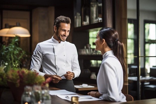 Biznesmen rozmawiający z szefową kuchni w restauracji.