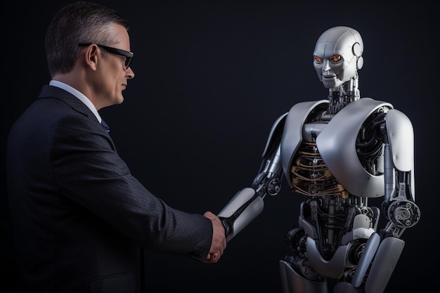 Biznesmen ściskający dłoń z robotem stworzonym za pomocą narzędzi AI