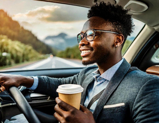 Zdjęcie biznesmen siedzący na samochodzie z kawą w ręku