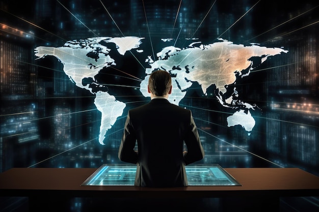 Biznesmen siedzi przy stole i patrzy na mapę świata Koncepcja technologiczna Biznesmen pracuje nad hologramem przedstawiającym mapę globalną z tyłu Wygenerowano sztuczną inteligencję