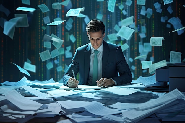 Biznesmen siedzi przy stole z papierami w rękach i wylatującymi dokumentami Biznesmen dokumentalny notatka Dane dotyczące miejsca pracy Wygenerowano sztuczną inteligencję