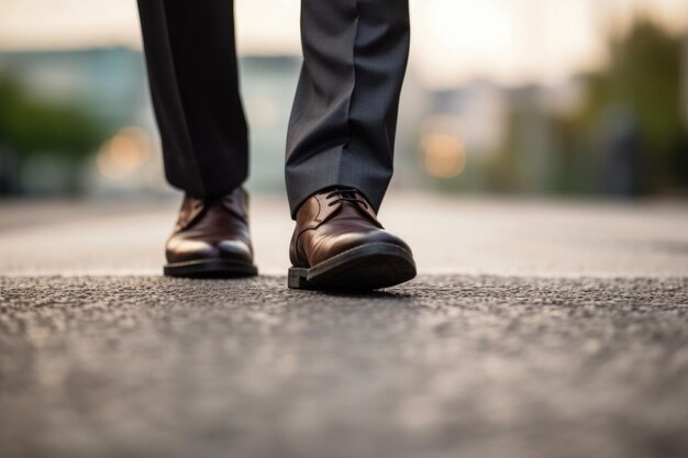 Biznesmen spacer po drodze z bliska buty Męskie buty i spodnie w pozycji spacerowej Generacyjna AI