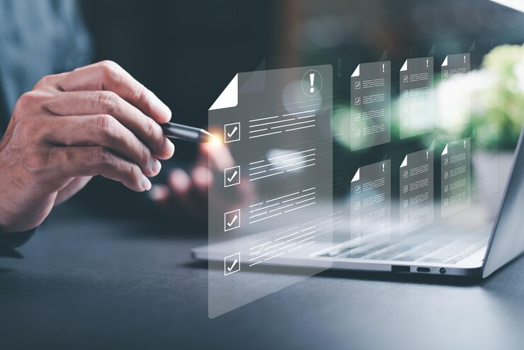 Zdjęcie biznesmen sprawdzający schody za pośrednictwem wirtualnego internetu