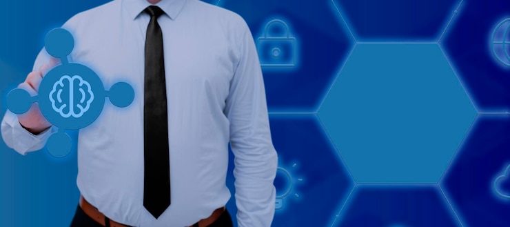 Zdjęcie biznesmen stojący i ręką wskazującą na symbol sztucznej inteligencji w futurystycznym stylu