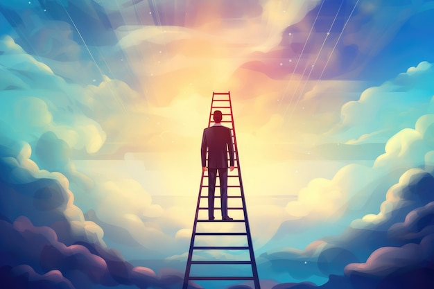 Zdjęcie biznesmen stojący na drabinie i patrzący na niebo biznesmen stojąc na drabynie i patrząc na niebo z chmurami ai wygenerowane