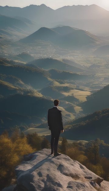 Biznesmen stojący na skraju klifu i patrzący na dolinę