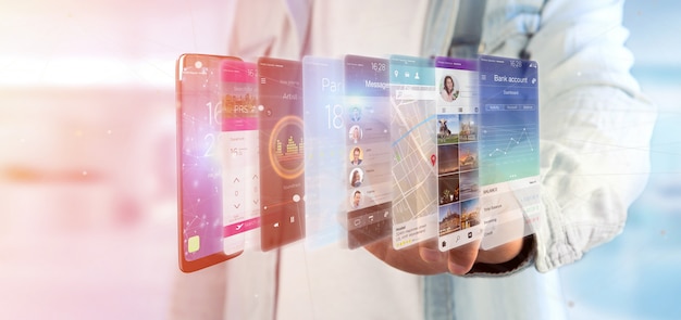 Biznesmen trzyma 3d odpłaca się app szablon na smartphone