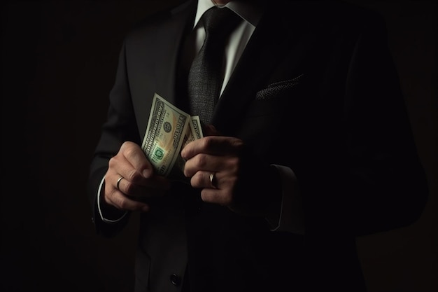 Biznesmen trzyma pieniądze w jego ręce zbliżenie na ciemnym tle
