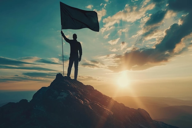 Zdjęcie biznesmen trzymający flagę na górze reprezentującą sukces i przywództwo