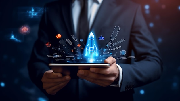 Biznesmen trzymający przezroczystą rakietę z tabletem i ikoną wystrzeliwuje i wylatuje z ekranu Utworzony przy użyciu technologii Generative AI