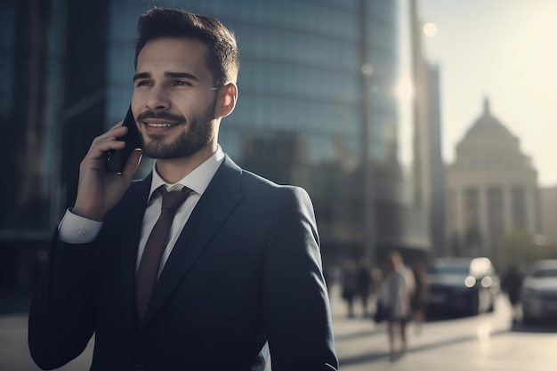 Biznesmen Uśmiechający Się Podczas Rozmowy Telefonicznej W Ruchliwym Mieście Z Promieniami Słonecznymi