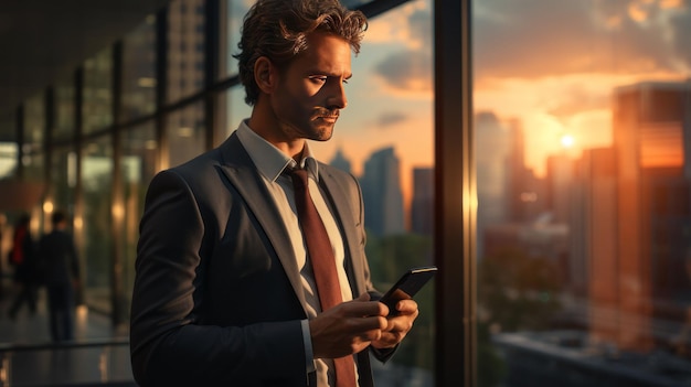 Biznesmen używa telefonu komórkowego do rozmów biznesowych w biurze