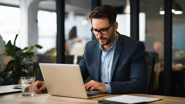 Biznesmen używający laptopa w biurze