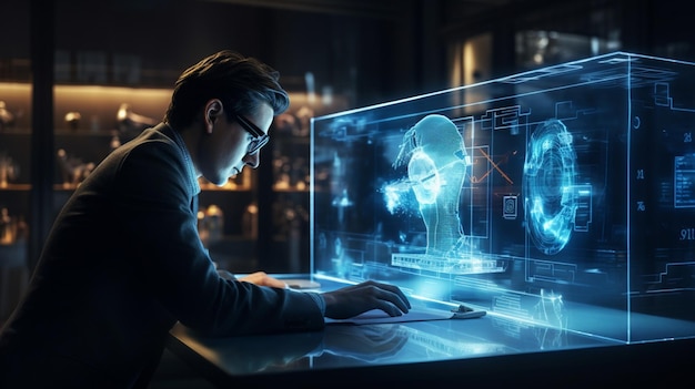 biznesmen używający laptopa z hologramem hologramem
