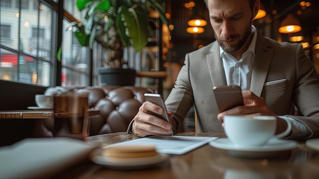 Biznesmen używający smartfona w kawiarni