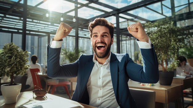 Biznesmen w biurze z radością podnosi ręce, świętując zwycięstwo i sukces w swojej pracy.