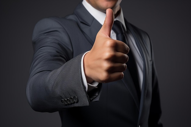 Biznesmen w eleganckim garniturze podnosi kciuk jako symbol dobrej wydajności