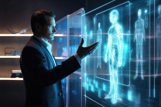 biznesmen w garniturze dotykający ekranu z hologramem z ikonami medycznymi na ciemnym tle Mężczyzna na rozmytym tle korzysta z cyfrowej projekcji holograficznej medycznej przedstawionej w renderowaniu 3D Wygenerowane przez sztuczną inteligencję