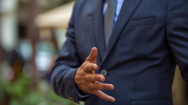 Biznesmen w garniturze robiący prezentację gestami rąk