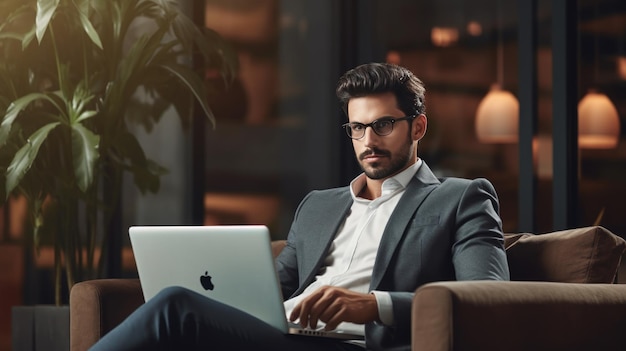 Biznesmen w garniturze siedzi na kanapie w swoim biurze i pracuje na laptopie
