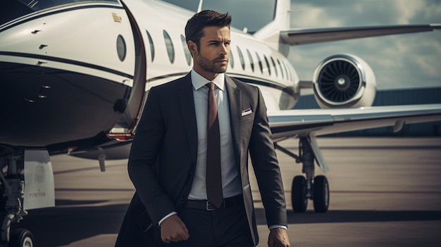 Biznesmen w garniturze stoi obok prywatnego samolotu