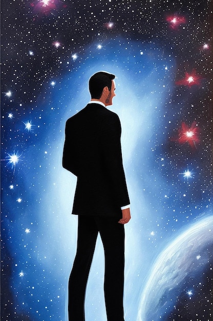 Biznesmen w garniturze stoi w kosmosie, patrząc na gwiazdy i ilustrację planety Ziemia