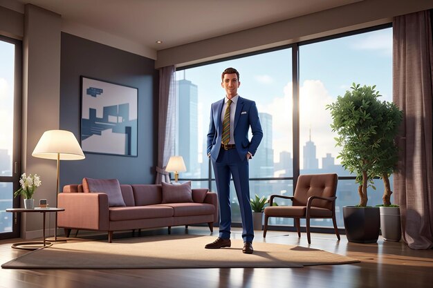 Zdjęcie biznesmen w garniturze stojący w pobliżu panoramicznego okna w domu