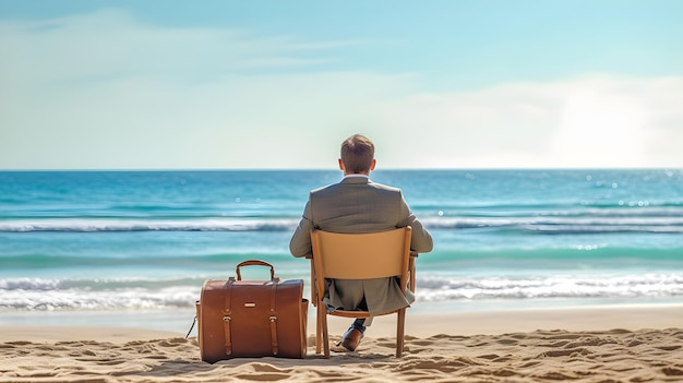 Biznesmen w garniturze z walizką siedzący na krześle na plaży z widokiem na morze wakacje koniec wakacji letnich i powrót do pracy