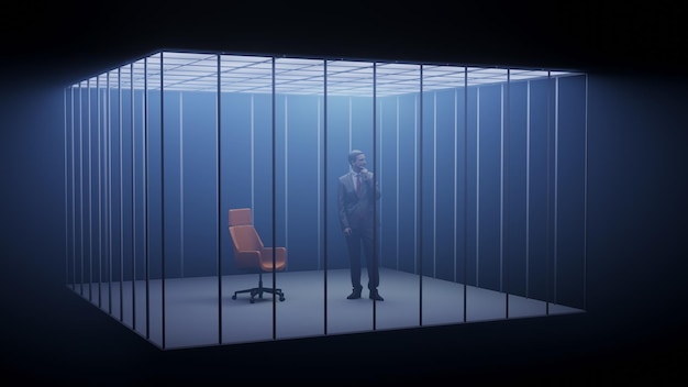 Biznesmen w klatce biura więziennego z koncepcją krzesła renderowania 3d