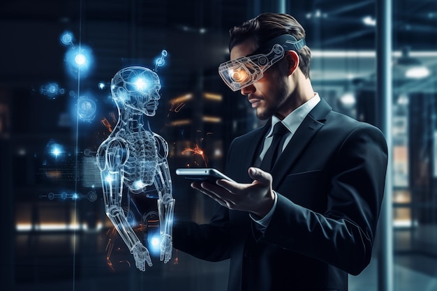 Biznesmen w wysokiej technologii okularów wirtualnej rzeczywistości pokolenie tysiąclecia wybiera augment world do pracy, nauki i relaksu Generatywna sztuczna inteligencja