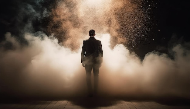Zdjęcie biznesmen wyłaniający się z chmury dymu jak superbohater dokonujący wejścia generative ai