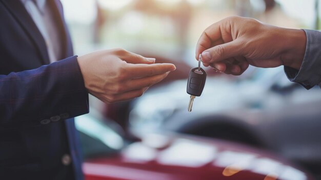 Biznesmen wymieniający klucze przy umowie zakupu nowego samochodu i przekazaniu własności w luksusowym salonie samochodowym