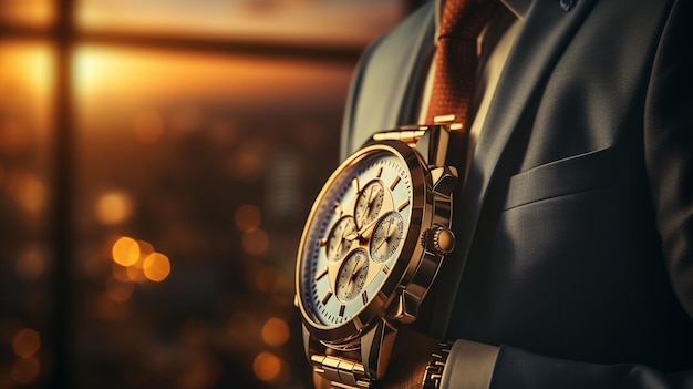 Biznesmen z bliska patrzy na swój zegarek w świetle dziennym.