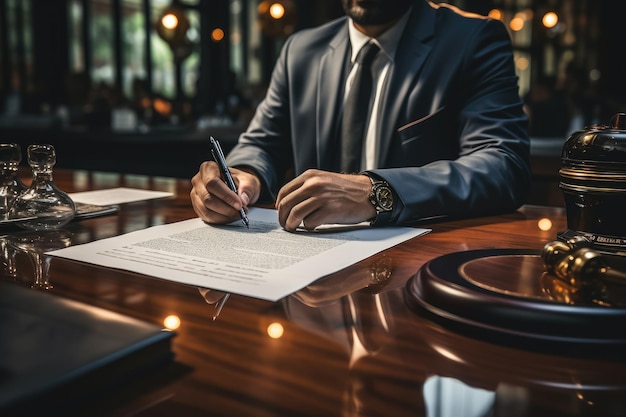 Biznesmen z bliska podpisuje umowę na biurku w biurze zatwierdza podpisanie umowy umowy i zezwolenia na dokument roboczy
