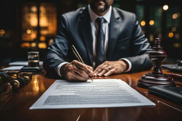 Biznesmen z bliska podpisuje umowę na biurku w biurze zatwierdza podpisanie umowy umowy i zezwolenia na dokument roboczy