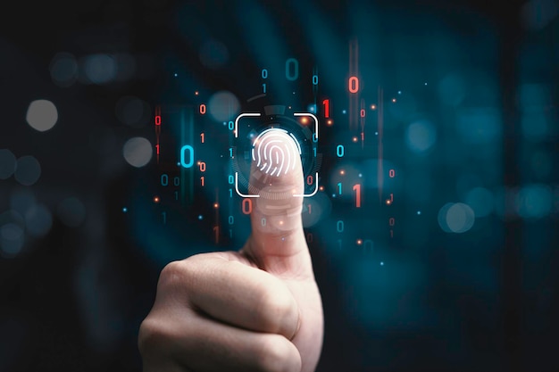Zdjęcie biznesmen z odciskami palców i kodem binarnym do dostępu do internetu i szyfrowaniem biometrycznym do sieci bezpieczeństwa cybernetycznego i koncepcji bezpieczeństwa użytkowników