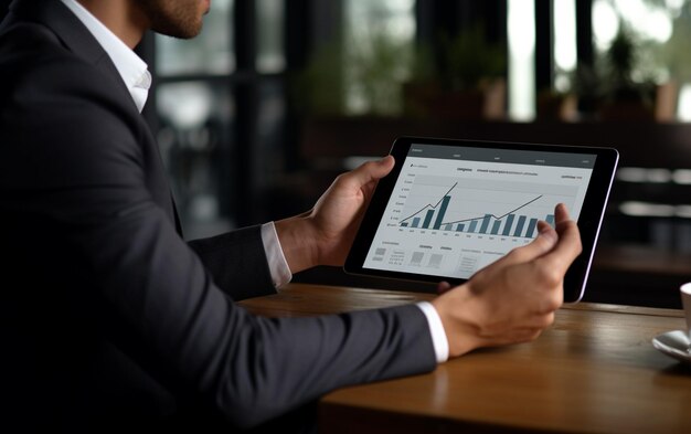 Biznesmen za pomocą tabletu i laptopa analizuje dane dotyczące sprzedaży i wykres wzrostu gospodarczego Biznes