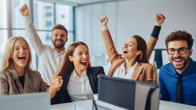 Zdjęcie biznesmeni cheering przed monitorem komputerowym ze słowem sukces na nim