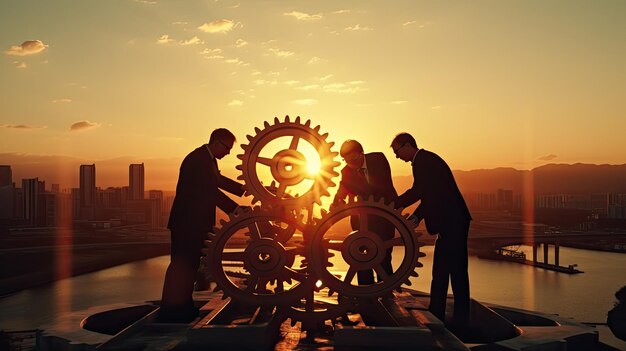 Biznesmeni dołączają do kół zębatych w układance o tematyce zachodu słońca, symbolizującej partnerską współpracę, pracę zespołową i kreatywność