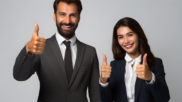 Zdjęcie biznesmeni i biznesmenki w garniturach podnoszą kciuki razem.