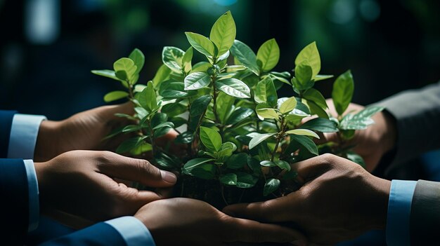 Zdjęcie biznesmeni trzymający rośliny razem