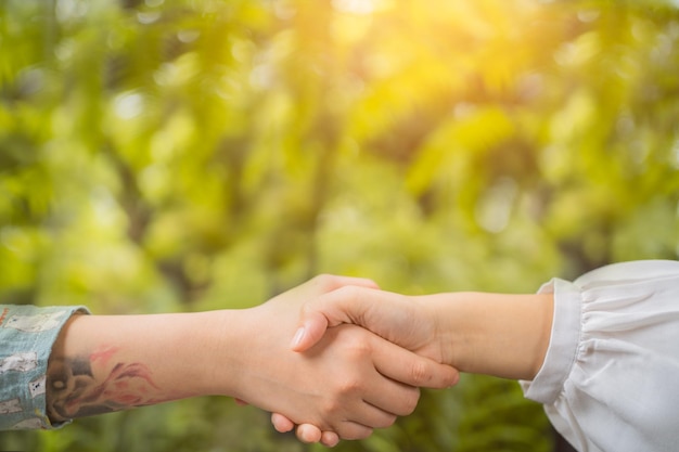 Biznesmeni uścisk dłoni po dobrej transakcji Koncepcja udanego spotkania partnerstwa biznesowego Trzymanie się za ręce Zbliżenie widok na zielonym tle przyrody Minimalna przestrzeń do kopiowania kompozycji