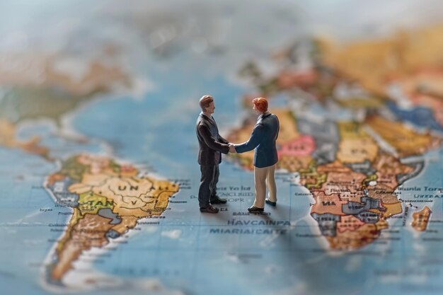 Biznesmeni uściskają ręce na mapie świata sukces i partnerstwo