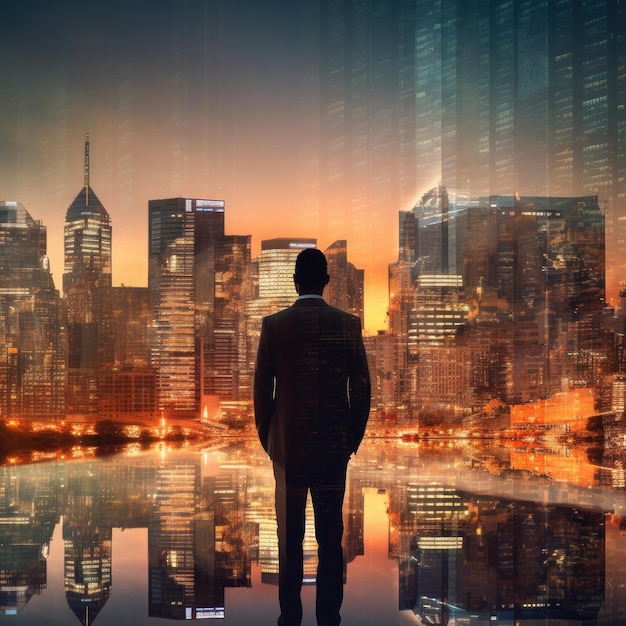 Biznesowy mężczyzna stojący tyłem podczas wschodu słońca nakłada się z pejzażem miejskim Ilustracja AI GenerativexA
