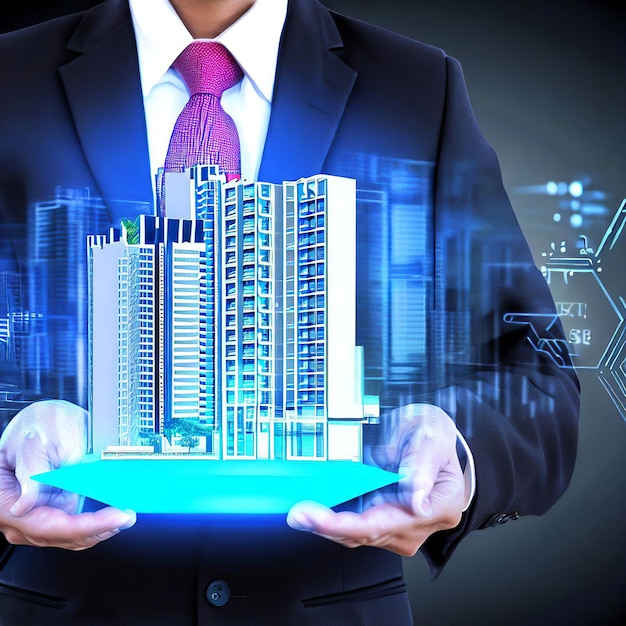 Biznesowy mężczyzna z projekta nowożytnym budynkiem błękitnym hologramem Nieruchomość dla inwestycji